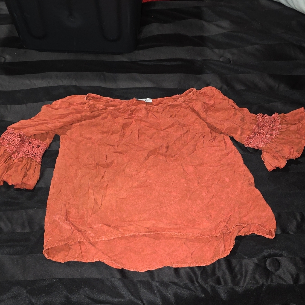 Women's Terracotta Blouse with Lace Accents